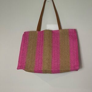 Shiraleah Pink and Tan Striped Straw Tote Bag